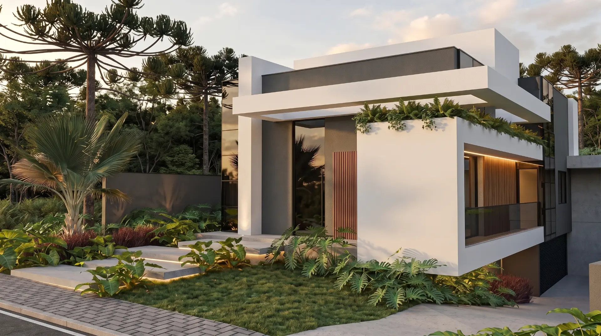 Fachada contemporânea da Residência T | S em Curitiba: volumes brancos e cinza, grandes esquadrias de vidro, jardim suspenso na marquise e paisagismo tropical ao entardecer